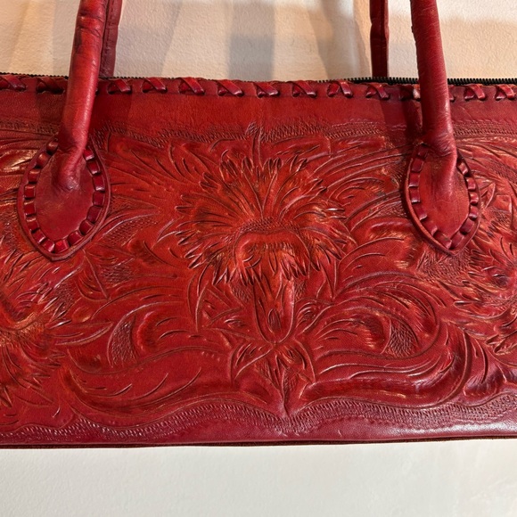 ALEXIS DAVID Tooled Leather Hand Shoulder Bag Deep Red Interior Pocket Floral - Picture 2 of 15